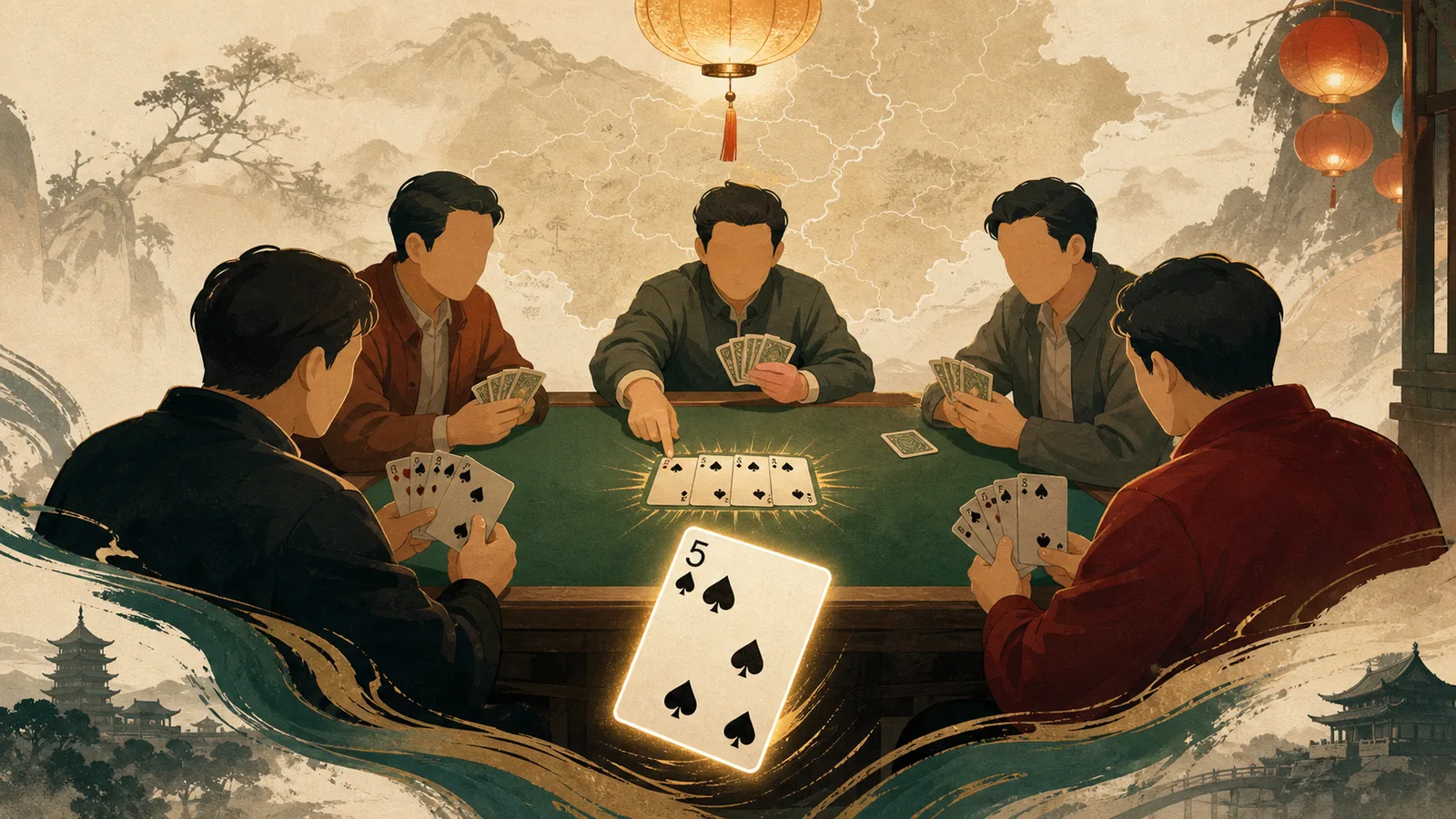 挤黑五文化主视觉：五人围坐绿色牌桌，黑桃 5 身份牌和“轰”牌型位于桌面中央。
